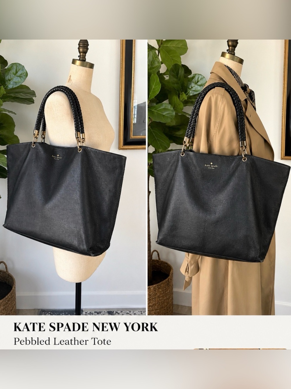 Kate Spade New York Pebbled Leather Tote Purse Bag Black Gold Hardware